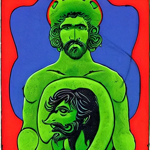 Prompt: by bill medcalf, by milo manara decorative neon green. a performance art of a mythological scene. large, bearded man seated on a throne, surrounded by sea creatures. he has a trident in one hand & a shield in the other. behind him is a large fish. in front of him are two smaller creatures.