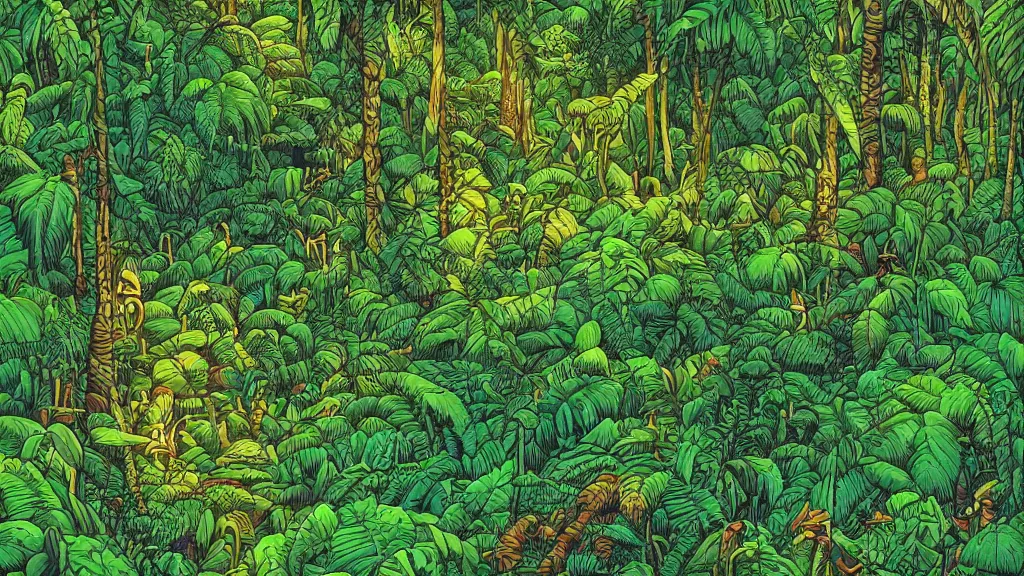 Image similar to a dense amazon rainforest jungle by dan mumford