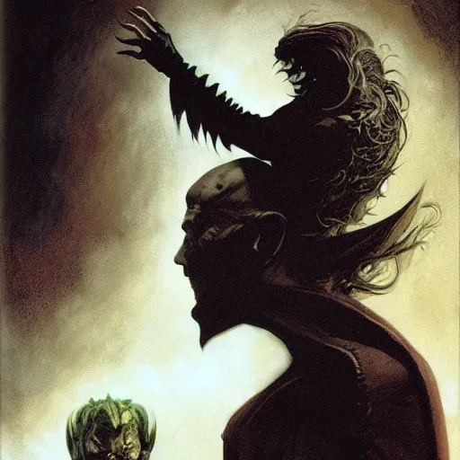 Image similar to head and shoulders vogue photo portrait of a male vampire, d & d, fantasy, greg rutkowski, frank frazetta, alexandre chaudret, boris vallejo, michael whelan, miro petrov, hr giger, magali villeneuve, donato giancola