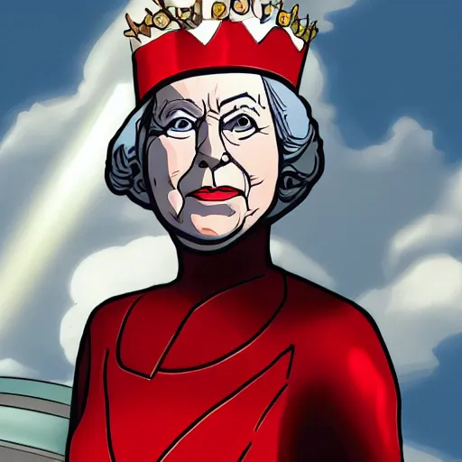 Image similar to Queen Elizabeth as Captain Britainica from Marvels Avengers, age of Duracell