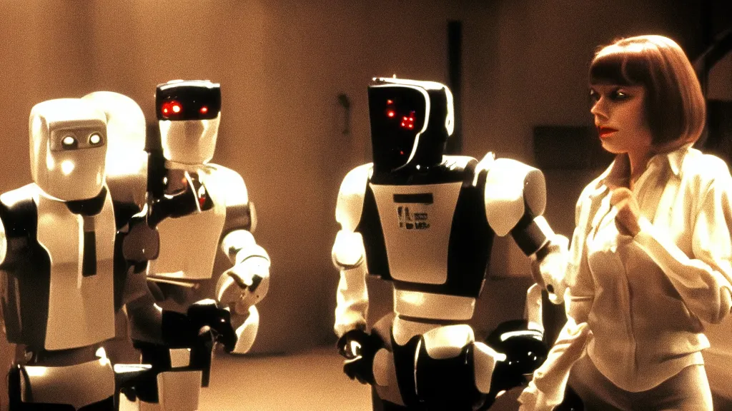 Image similar to movie scene of pulp fiction but with robots, movie still, cinematic composition, cinematic light, by david lynch