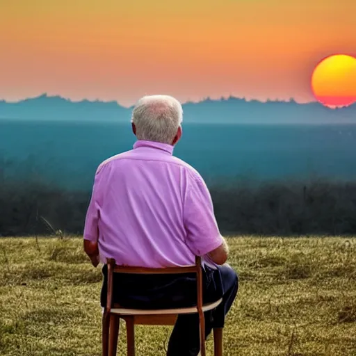 Image similar to A very old man, sitting in a chair in front of a window, looking out at a beautiful sunset award winning photograph