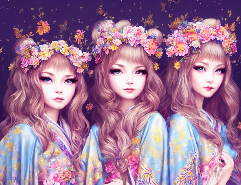 Image similar to two beautiful fashion siberian girls wear fantasy kimono in festival | | big eyes, sunny, dreamlike art, realistic shaded, smile, good looking, hyper details, 4 k realistic, cryengine, realistic shaded lighting poster by artgerm, ross tran, fuji choko, loish, 8 k resolution, trending on artstation, luxury