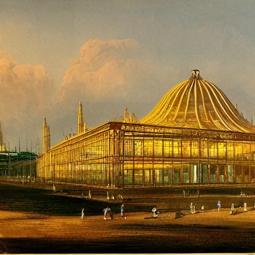 Image similar to a color photograph of the crystal palace, london exhibition of 1 8 5 1, golden hour,