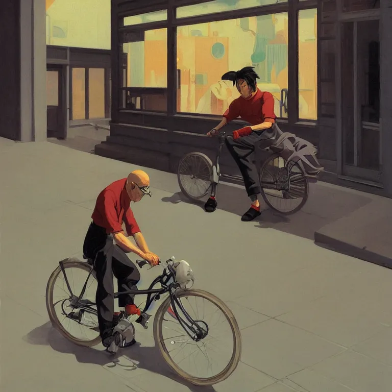 Prompt: Tatsuo on a bike from Akira by Edward Hopper, painted by James Gilleard, airbrush