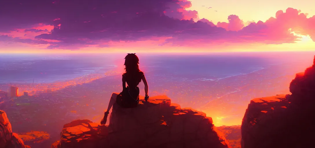 Image similar to a woman sitting on a cliff, burning city in the distance, dramatic sunset, by ilya kuvshinov, krenz cushart, Greg Rutkowski, trending on artstation