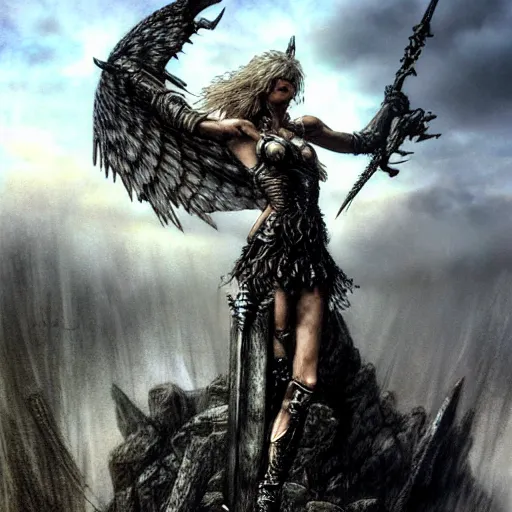 Image similar to valkyrie standing triumphantly atop a pile of bones by luis royo, epic fantasy, soft details, illustration, artstation, intricate, sharp focus, highly detailed, elegant, concept art