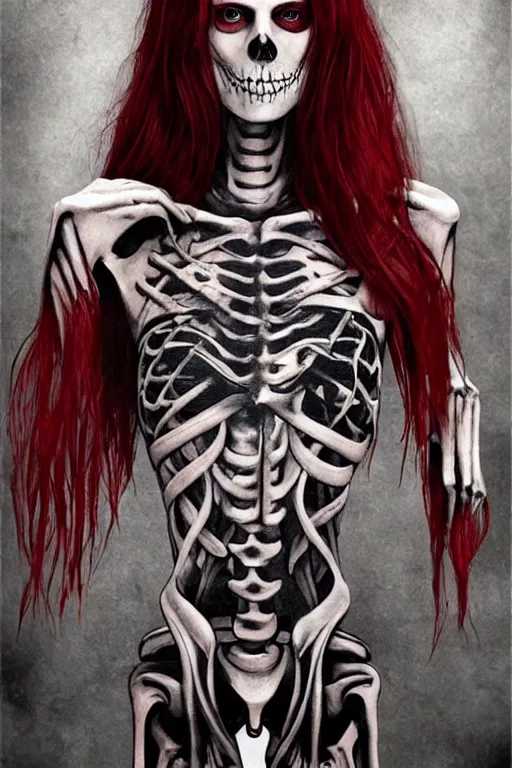 Image similar to skeleton black bones full body tattoo!!, covered with blood, alexandra daddario face!!, long red hair, beautiful blue eyes, ultra realistic, concept art, intricate details, highly detailed, photorealistic, octane render, 8 k, unreal engine. retro film still, heavy grain, 3 5 mm, art by artgerm and greg rutkowski and alphonse mucha