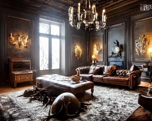 Prompt: ultra wide - angle photography of rich man's house, leather sofa, antler chandelir, hunting trophies, unreal engine, darkslategray wall, ultra details, luxury, interior design, 8 k