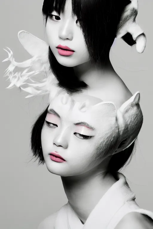 Image similar to aesthetic photograph of alluring young Japanese woman wearing white cat ears, by Nick Knight and jia ruan, headshot, cosplay, realistic, photorealistic, HD, 4k resolution