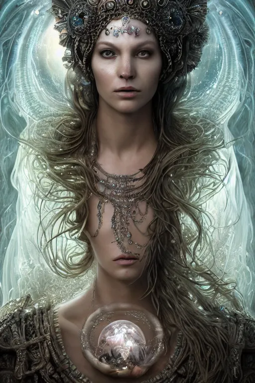 Prompt: a centered render of an alluring post apocalyptic goddess with wearing ornate silver and gemstones and crystal clothing surrounded by flowing liquid gallium jellyfish and sacred geometry, perfect body and face, gorgeous, cinematic, beautifully lit, by tomasz alen kopera and peter mohrbacher and craig mullins, 3 d, trending on artstation, octane render, 8 k