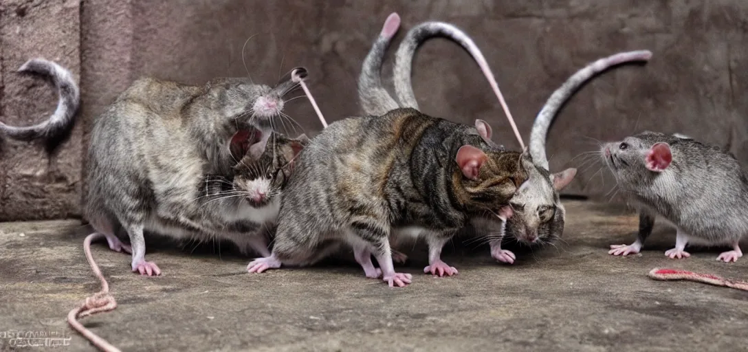 Image similar to rats vs cats as gladiators fighting in gladiator arena