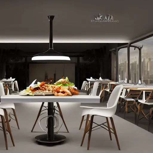 Image similar to three large white glossy kuka industrial robot arms on the floor around a dinner table, the kuka industrial robot arms are wearing bow ties, the table is full of food, they are having dinner inside a fine dining restaurant with mid century modern furniture and decor, global illumination, artstation, fantasy