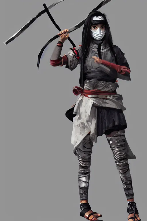 Image similar to native japanese young woman dressed like shinobi ninja, focused stare, partially masked, highly detailed, photobash, photorealistic render, trending on artstation, character design, cinematic lighting