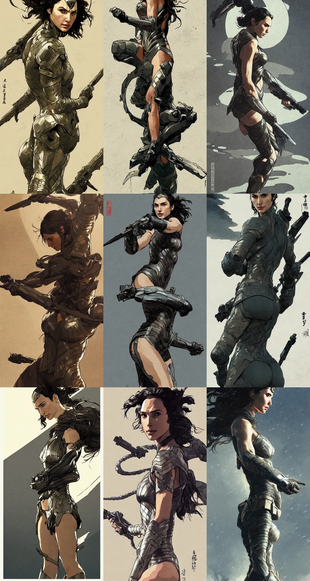 Prompt: gal gadot wearing metal gear armor art by Hokusai by greg rutkowski by wlop high detail comic sharp vector lineart dramtic lighting artstation by trevor henderson cinematic dramatic