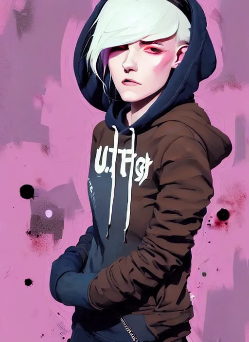 Image similar to highly detailed portrait of a urban punk lady student, blue eyes, hoodie, white hair by atey ghailan, by greg rutkowski, by greg tocchini, by james gilleard, by joe fenton, by kaethe butcher, gradient black, brown and pink color scheme, grunge aesthetic!!! ( ( graffiti tag wall background ) )