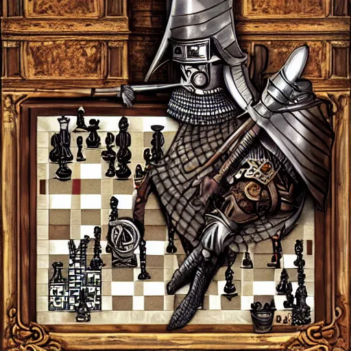 Prompt: medival knight with mowhawk playing chess, steampunk, high detail, digital art, smooth
