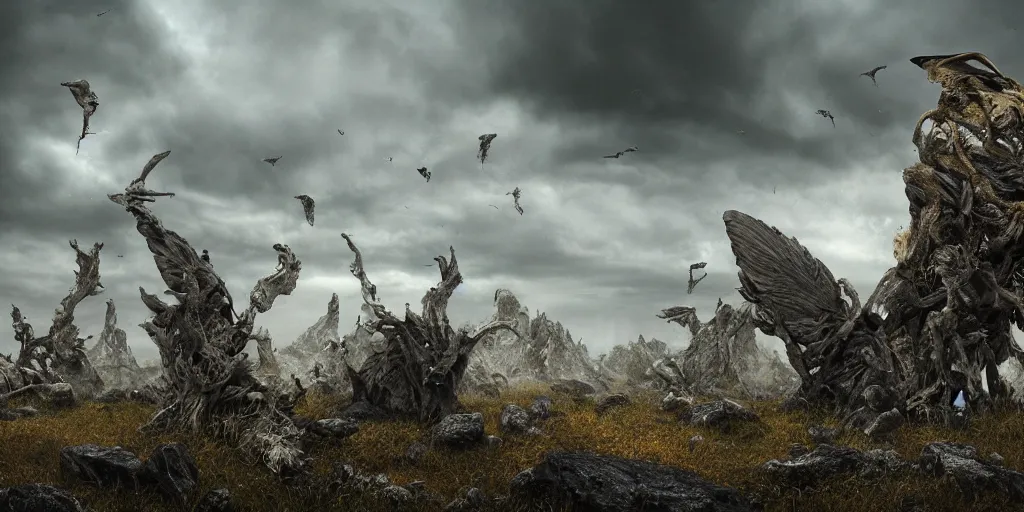 Image similar to photorealistic strange sculpture made of bird skulls. epic landscape, with ominous storm clouds, strange levitating stones, stones falling from the sky, a gentle rising mist. occult photorealism, uhd, amazing depth, glowing, golden ratio, 3 d octane cycle unreal engine 5, volumetric lighting, cinematic lighting, cgstation artstation concept art