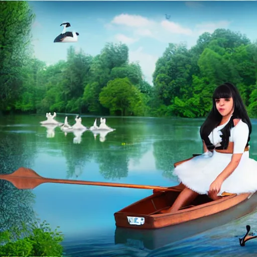 Image similar to realistic photo of Melanie Martinez rowing a boat across a big pond with lillpads and swans