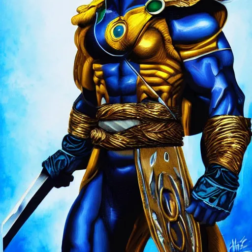 Image similar to chris hemsworth as spartan from wildc. a. t. s, hyperdetailed, blue and gold hour, trending on artstation