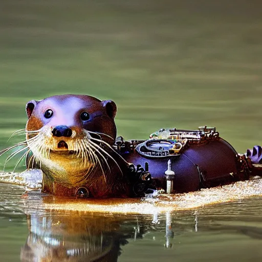 Prompt: steampunk mechanical otter in a river, sci - fi, wildlife photograph, national geographic, award - winning