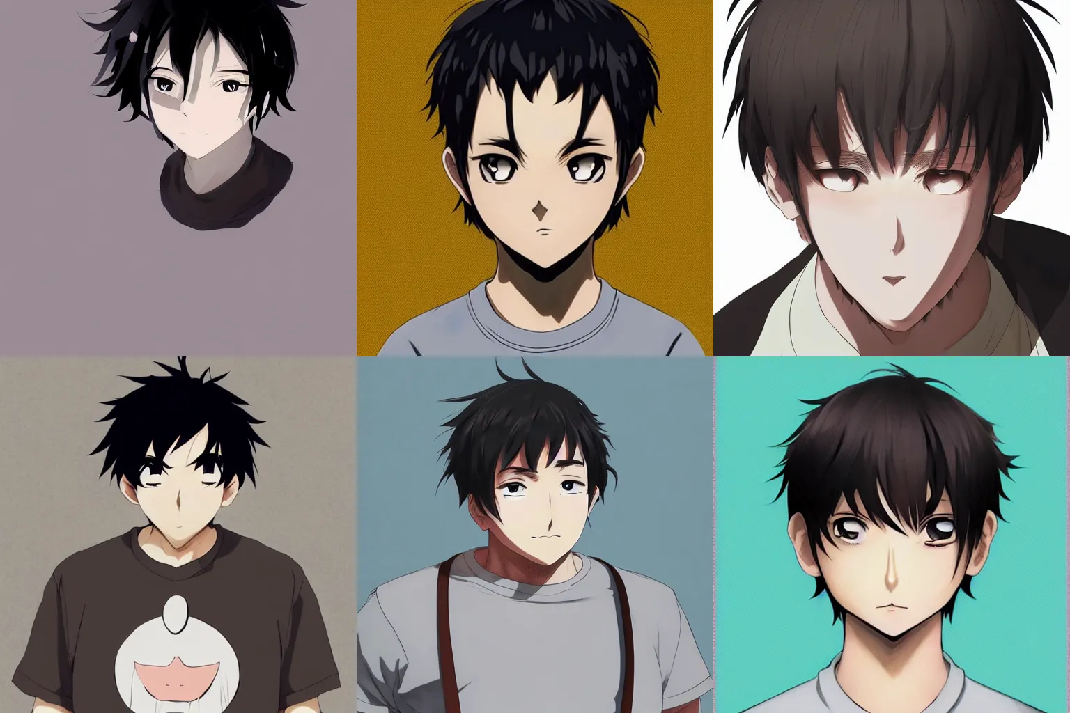Prompt: An anime portrait of a mid-sized anime man with very short black hair, chubby face, brown eyes, short light grey whiskers and stubble, no glasses, wearing a t-shirt, his whole head fits in the frame, by Stanley Artgerm Lau, WLOP, Rossdraws, James Jean, Andrei Riabovitchev, Marc Simonetti, and Sakimi chan, trending on artstation