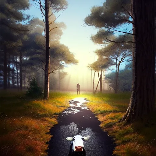 Prompt: cow excrement in the middle of the path, pinewoods, oaks, spring season, 4 k, morning light, concept art, by wlop, ilya kuvshinov, artgerm, krenz cushart, greg rutkowski, pixiv. cinematic dramatic atmosphere, sharp focus, volumetric lighting, cinematic lighting, studio quality