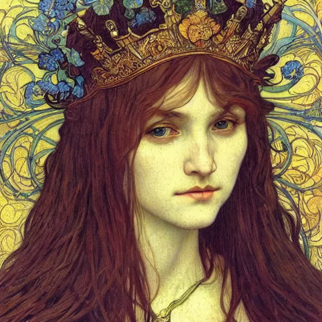 Image similar to detailed realistic beautiful young medieval queen face portrait by jean delville, alphonse mucha, vincent van gogh, and marco mazzoni, art nouveau, symbolist, visionary, gothic, pre - raphaelite