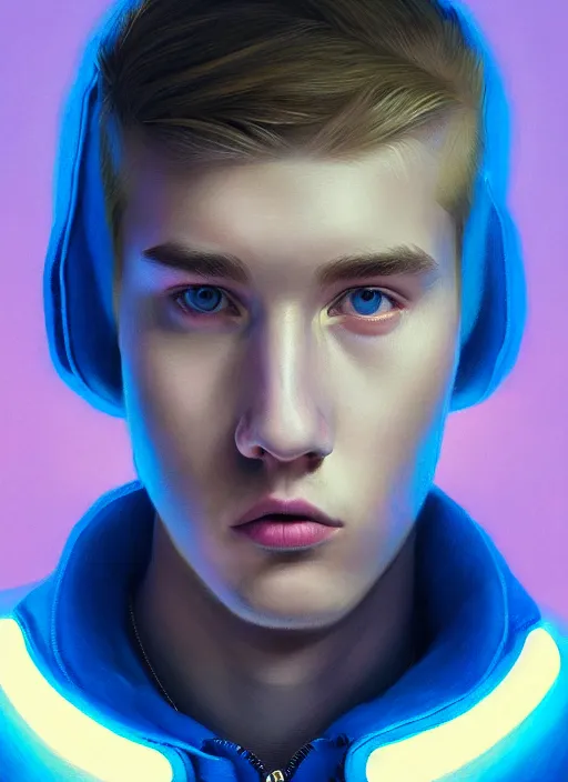 Prompt: portrait of high school senior boy named big moose, blonde short hair, jock, beefy, wide face, square jaw, square facial structure, blue varsity jacket with his name, intricate, elegant, glowing lights, highly detailed, digital painting, artstation, concept art, sharp focus, illustration, art by wlop, mars ravelo and greg rutkowski