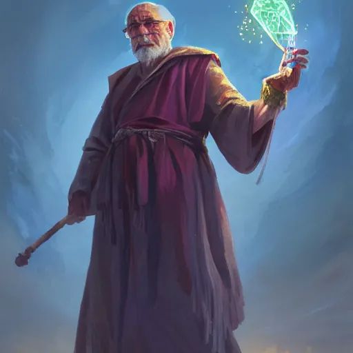 Image similar to Old man with exquisite colored robes, Holding a staff with a crystal at the top, casting a spell, fantasy, D&D, 4k, ultra detailed, by Greg_Rutkowski and Viktor Antonov