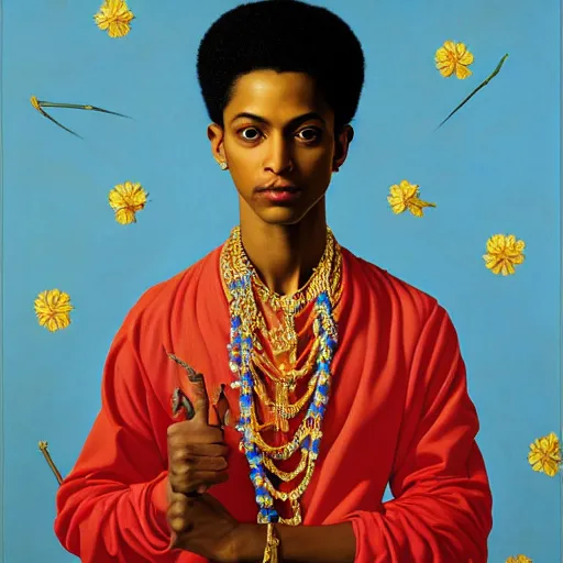 Image similar to A portrait of a skinny trendy and enchanting non-binary person, light skin tone, Indian, oil painting by Kehinde Wiley, majestic, detailed, high resolution