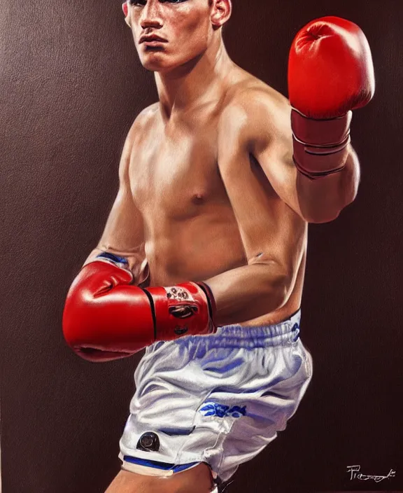Image similar to portrait of a handsome young spanish boxer, art by denys tsiperko and bogdan rezunenko, hyperrealism