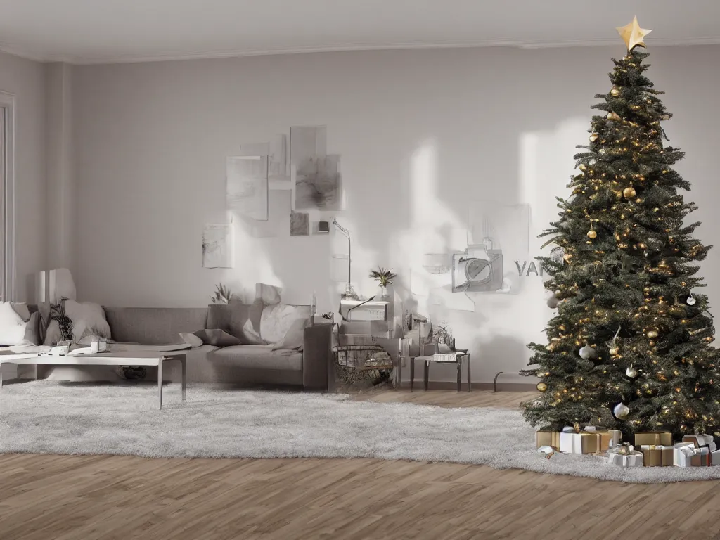 Prompt: empty living room on christmas morning, photorealistic