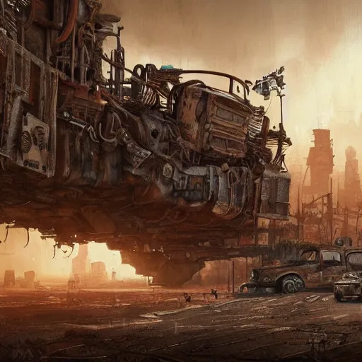 Image similar to highly detailed painting of postapo steampunk rusty city in the middle of wasteland in Mad Max style by Daniel Dociu and Greg Rutkowski trending on Artstation, 4K, high quality