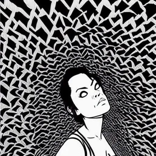 Prompt: Stunning scene of Mila Kunis falling into the void by Junji Ito
