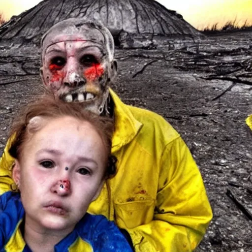 Image similar to selfie of the last surviving ukrainian with children with evil faces, wild pain and damage to the body burns alive to the bone, painted in dirty yellow - blue colors, a huge nuclear explosion is approaching in the background, corpses and skeletons are everywhere, the earth is on fire, smoke and radioactive rain