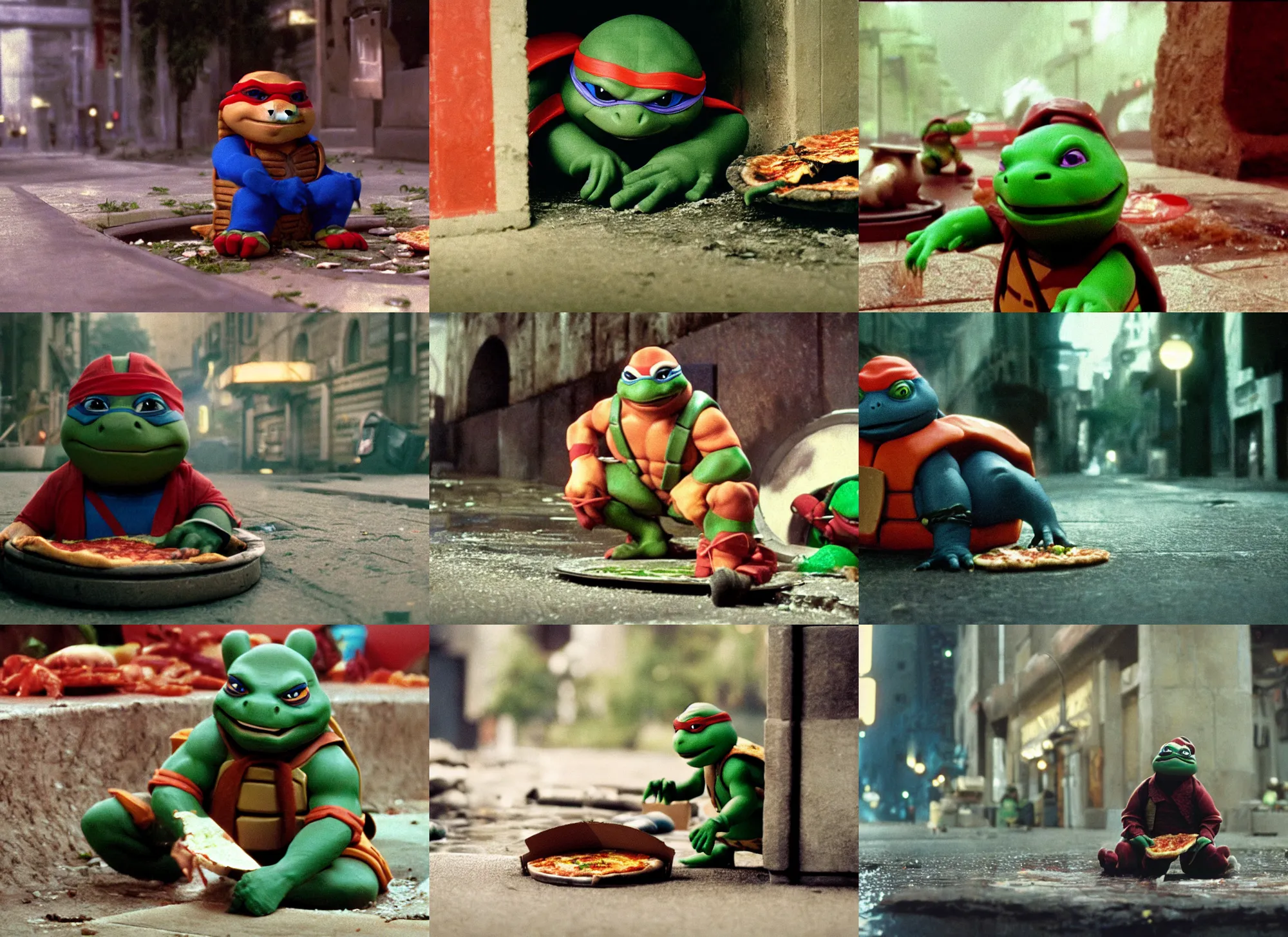 Prompt: film still of real ninja turtle sitting in a sewer eating pizza, film still bokeh blur overcast backlighting kodak film from the movie ninja turtles, 4 k