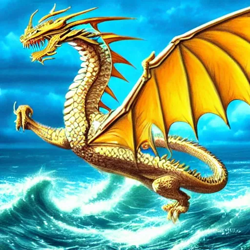 Prompt: dragon flying above the sea, perfect dragon anatomy, hyper realistic, pastel color, symmetrical, 4 k, highly ornate intricate details,