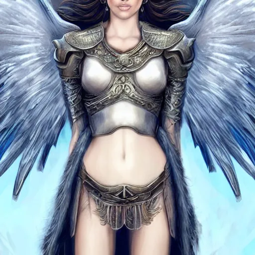 Image similar to beautiful young aasimar angel valkyrie warrior girl maiden wearing comfy leather armor with beautiful feathered angel wings, blue eyes, beautiful face, Alessandra Ambrosio, Natalie Portman, Emily Ratajkowski, innocent, intricate, elegant, highly detailed, ultradetailed, hyperdetailed, artstation, concept art, smooth, sharp focus, illustration, art by artgerm and greg rutkowski and Rossdraws and Bluesssatan and Mandy Jurgens and alphonse mucha