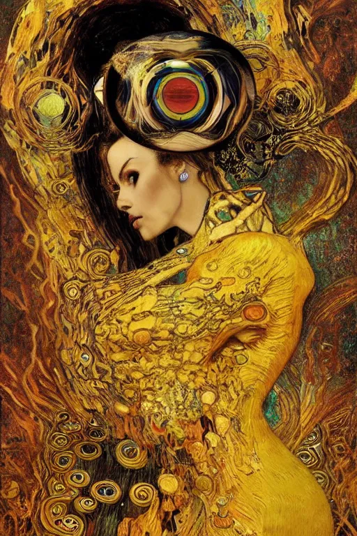 Image similar to Intermittent Chance of Chaos Muse by Karol Bak, Jean Deville, Gustav Klimt, and Vincent Van Gogh, beautiful Surreality portrait, enigma, Loki's Pet Project, destiny, Poe's Angel, fate, inspiration, muse, otherworldly, fractal structures, arcane, ornate gilded medieval icon, third eye, spirals