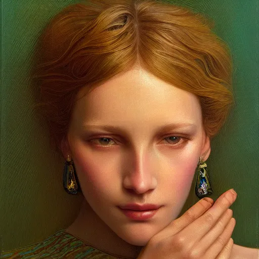 Prompt: A beautiful portrait of a woman with iridescent skin by James C. Christensen, elegant, highly detailed