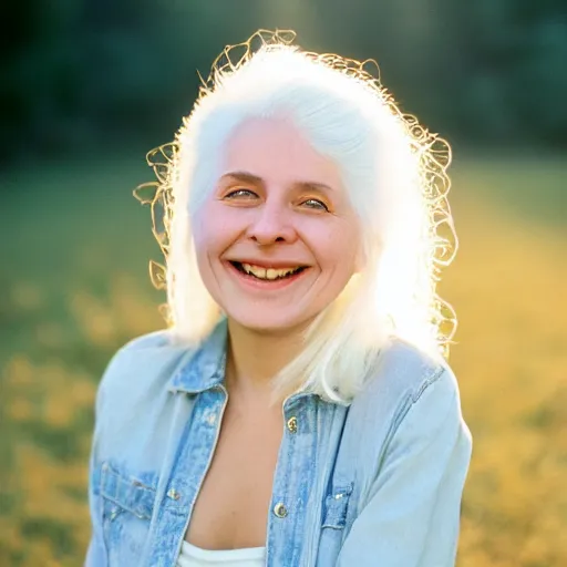 Prompt: beautiful portrait of a cute thing young woman smiling softly, long white hair, flushed face, blue eyes, golden hour, 8 k, portra 4 0 0