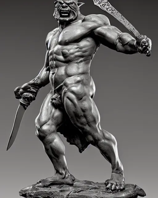 Prompt: a full figure rough marble sculpture of running Orc holding a sword, by Frazetta and Bernini, studio lighting, wide angle lens