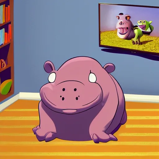 Prompt: a baby hippo lives in a cozy house. it likes to watch tv in the family room. digital art. pixar. toy story.