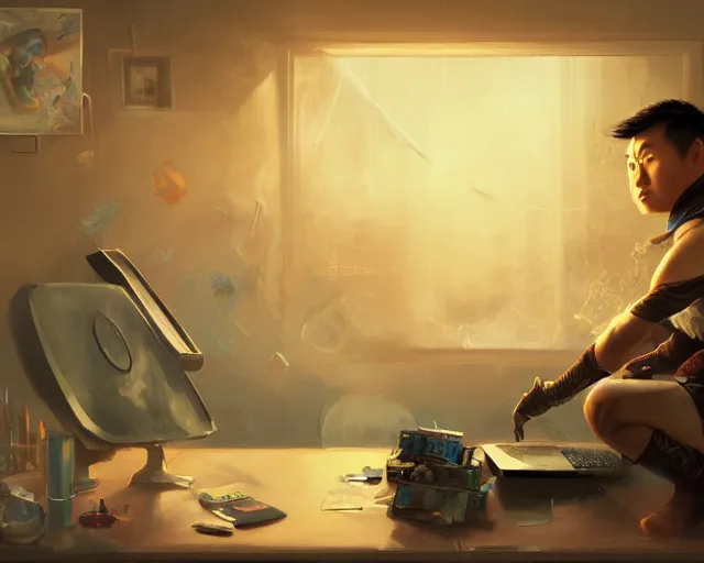 Image similar to an insanely detailed painting of an asian man wearing a homemade superhero costume, sitting at a desk, staring at the nervously at the computer and typing, in the style of peter mohrbacher, dramatic lighting and composition, surreal background, octane render, pixar, trending on artstation, concept art, comic book, view from behind