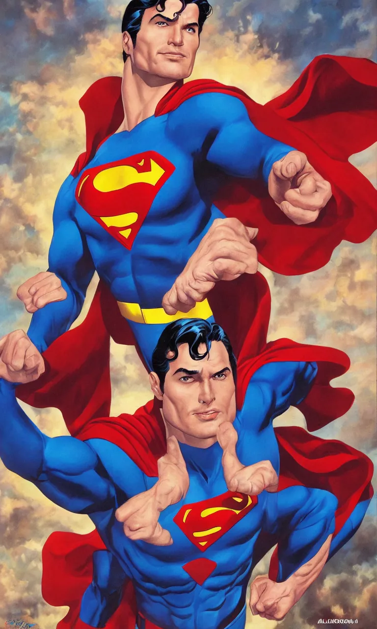 Image similar to a famous handsome actor as superman by alex ross