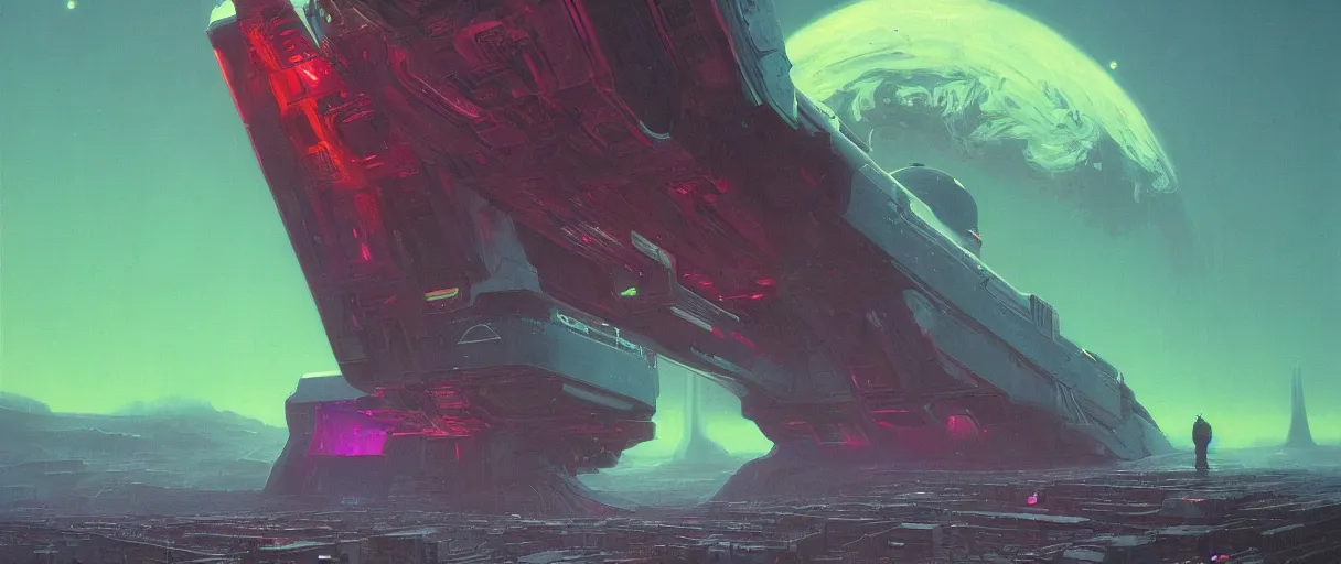 Image similar to (neon palette), humanity industrial spaceship!!, deep space exploration!!!, ridley scott universe, mysterious, ultrarealistic, cinematic lighting, 4k, wide angle, trending on artstation, beksinski, by moebius