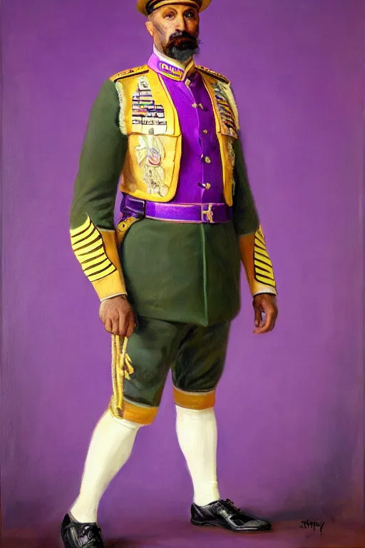 Prompt: full body portrait of the dictator of the sacramento kings, 1 8 8 9, in full military garb, purple, silver, oil on canvas by william sidney mount, trending on artstation