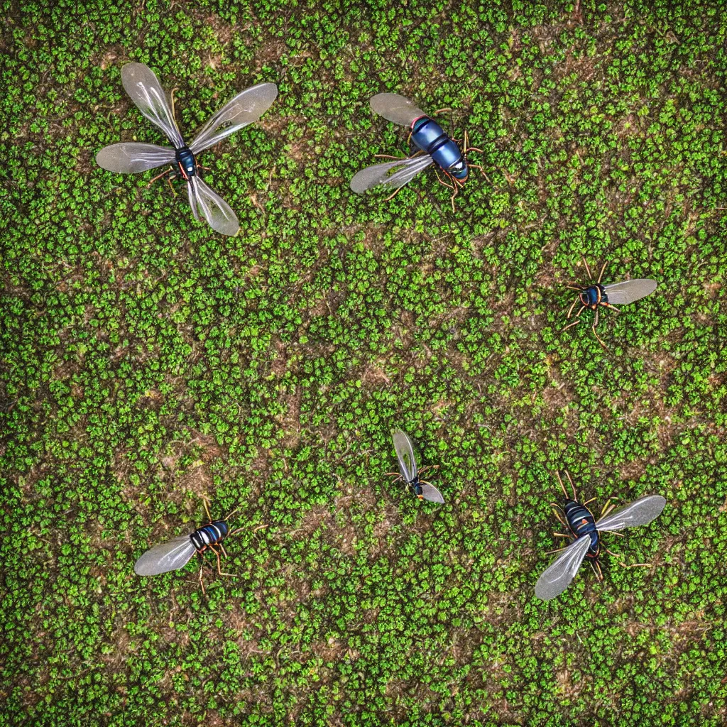 Prompt: biomimetic robot flying over a food forest, killing wasps with automatic lasers in the australian outback, XF IQ4, 150MP, 50mm, F1.4, ISO 200, 1/160s, natural light