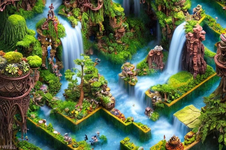 Image similar to isometric view of a fantastical garden with waterfalls and giant trees, by Andrei Riabovitchev, Shaun Tan, Peter Mohrbacher and Takayuki Takeya, ancient ornate intricate, cinematic, realistic, intricate detail, finely detailed, small details, extra detail, photorealistic, high resolution, 3D, PBR, path tracing, volumetric lighting, octane render, arnold render, 8k